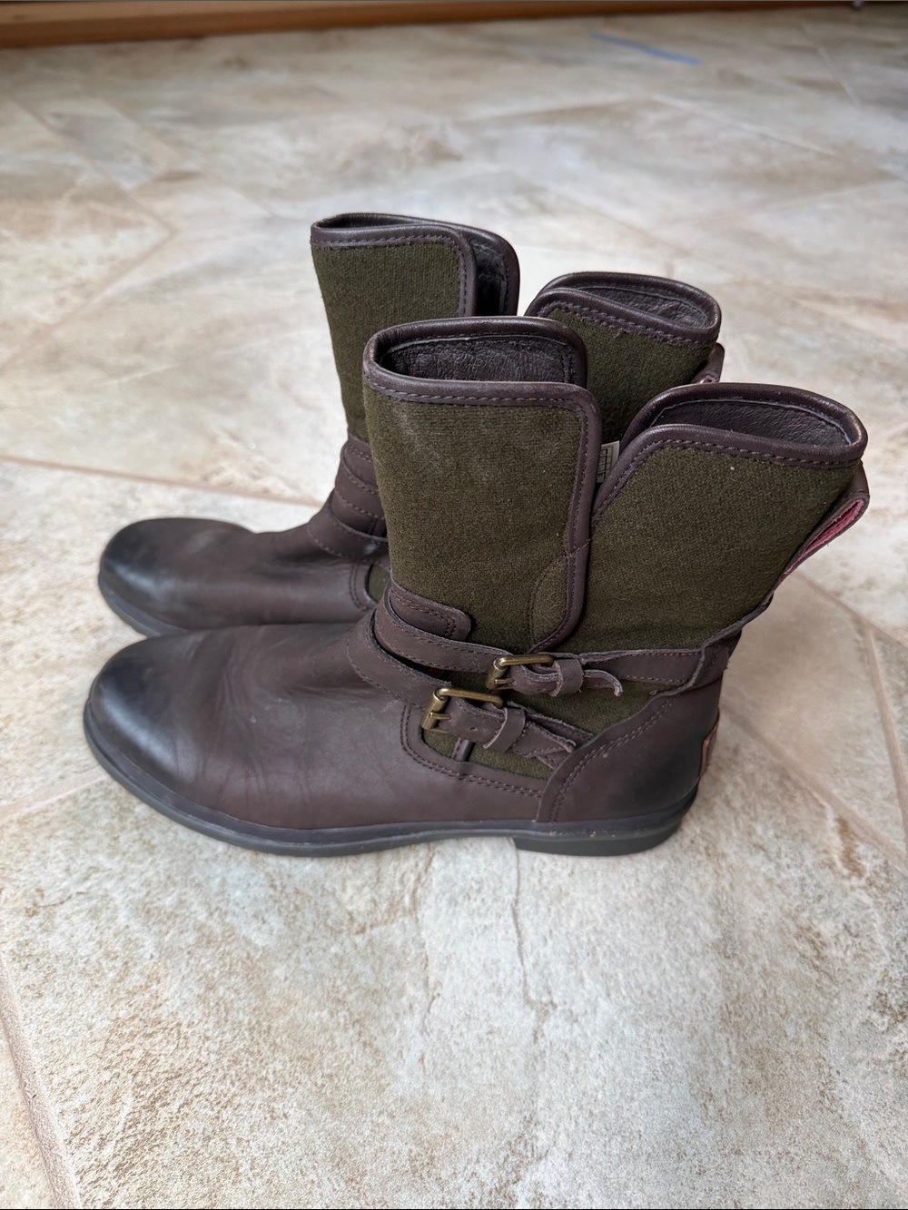 UGG Brown Leather and Olive Fabric Mid-Calf Buckle Boots